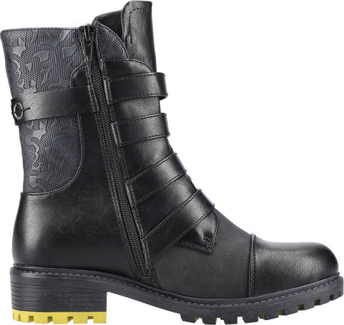 Black combat-style boot with buckles, zipper, and a low yellow and black heel.