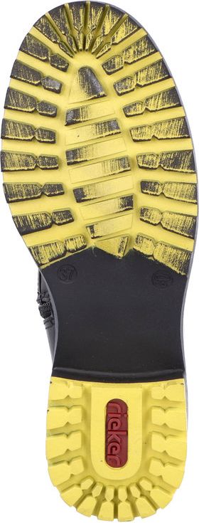 Bottom of a boot with a yellow tread and "Rieker" written in a red oval.