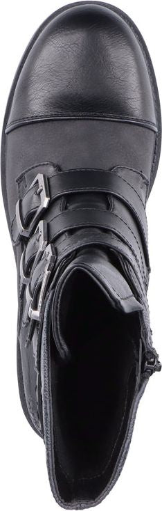 Black boot with multiple straps and silver buckles.