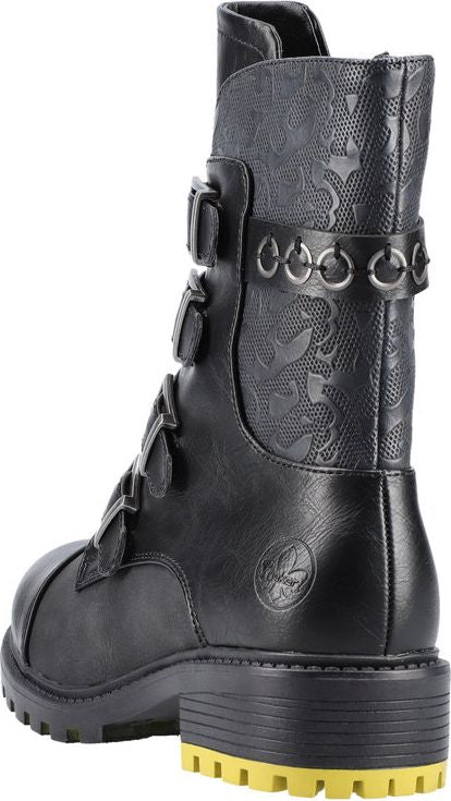 Black mid-calf boot with buckle straps and rear decorative floral pattern.