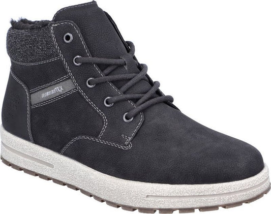 A dark gray, ankle-high boot with laces and a light gray sole, featuring a padded collar and visible stitching.