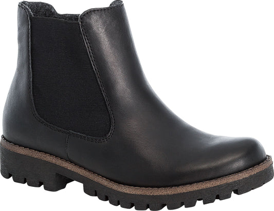 Black leather Chelsea boot with thick lug sole.