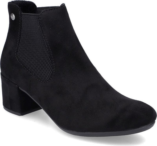 Black suede ankle boot with low block heel and elastic goring.