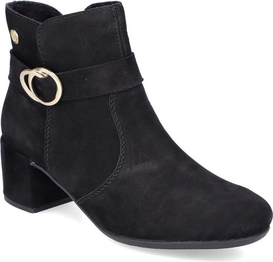 Black ankle boot with block heel and gold buckle detail.
