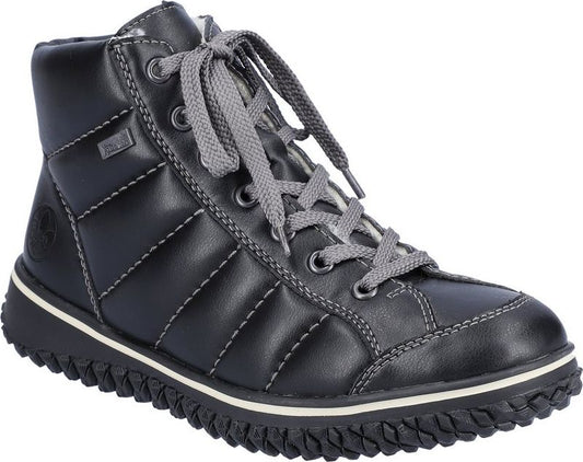 Black high-top sneaker boot with gray laces, quilted stitch design and lug sole.