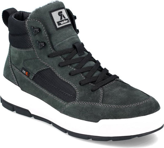 Gray high-top sneaker with black laces, a white sole, and a logo that says 'Texon' on the tongue.