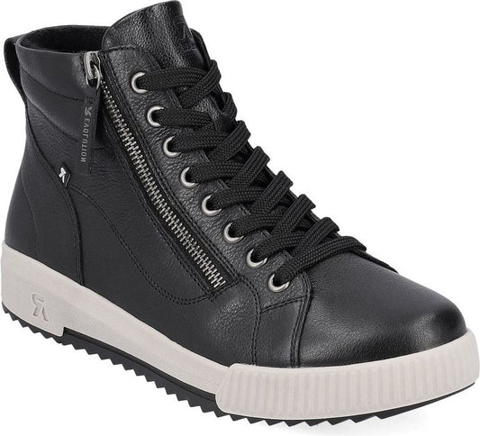 Black high-top sneaker with side zipper, eyelets, and black shoelaces on a white sole.