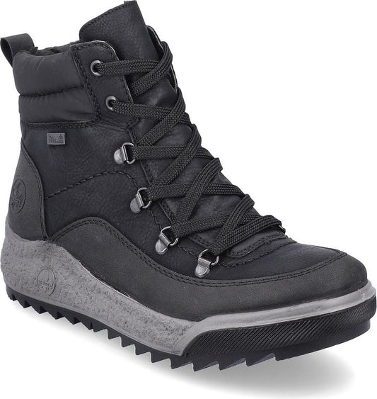 A black lace-up boot with metal eyelets and a gray midsole.