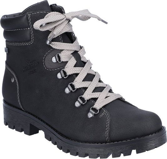 Black ankle-high lace-up boot with a thick treaded sole.