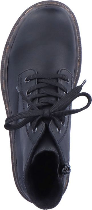 A black lace-up boot with a zipper.