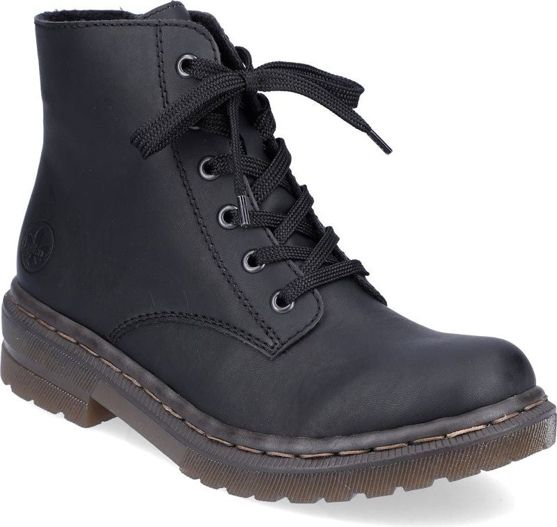 Black lace-up ankle boot with lug sole.