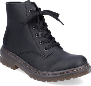 Black lace-up ankle boot with lug sole.