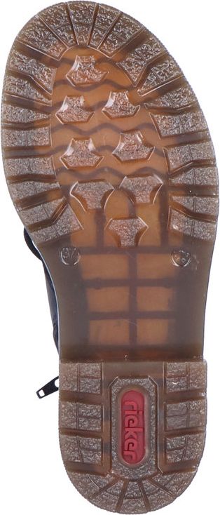 The bottom of a boot shows a lugged sole with the word 'Ricker' visible in red.