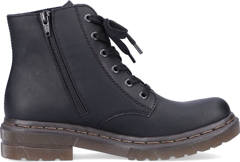 Black ankle boot with side zipper and lace-up front, featuring a brown lug sole.