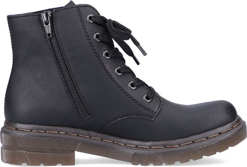 Black ankle boot with side zipper and lace-up front, featuring a brown lug sole.