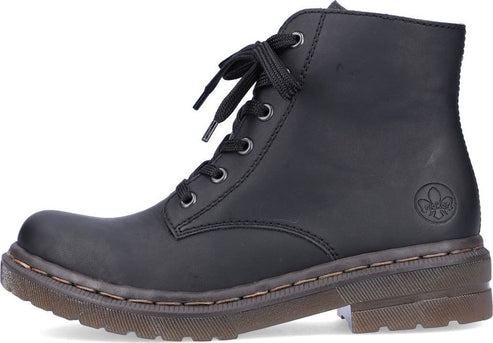 Black ankle boot with laces and thick lug sole.