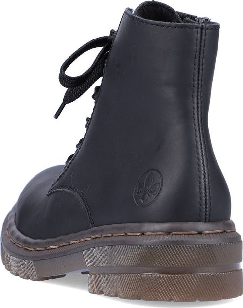 Rear view of a black lace-up boot with a rounded toe and a thick sole.