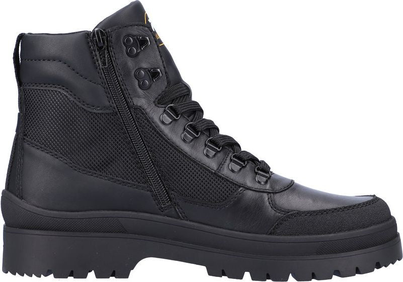 Black leather combat boot with a side zipper and lace-up closure.