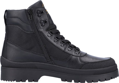 Black leather combat boot with a side zipper and lace-up closure.