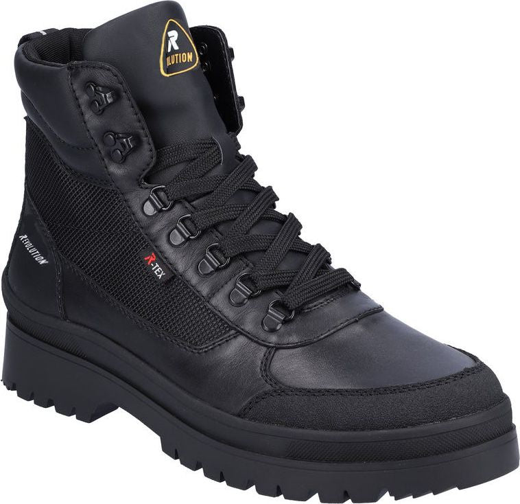 Black ankle boot with speed lacing system and thick lug sole. "R-TEX" logo on the side.
