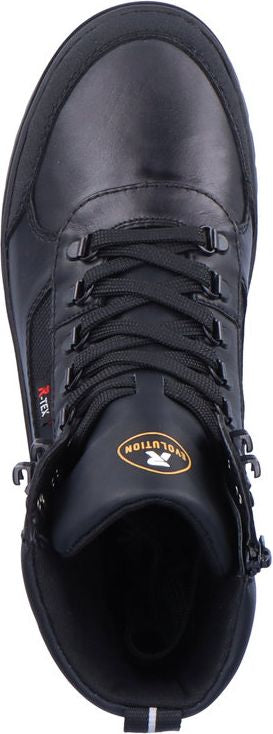 A top-down view of a black boot with laces.