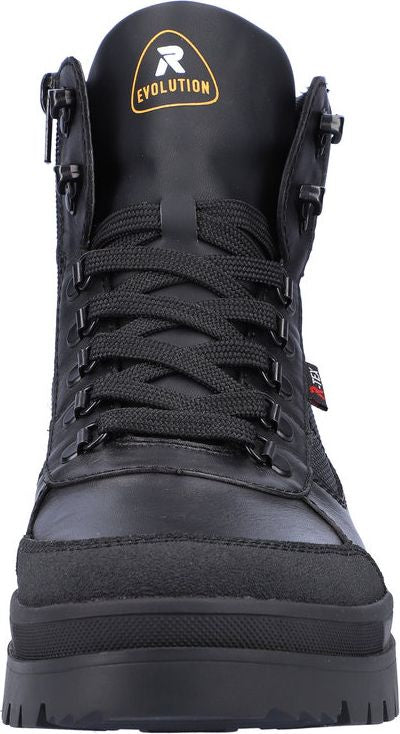 Front view of black high-top boot with black laces, black sole, and logo 'EVOLUTION' on the tongue.