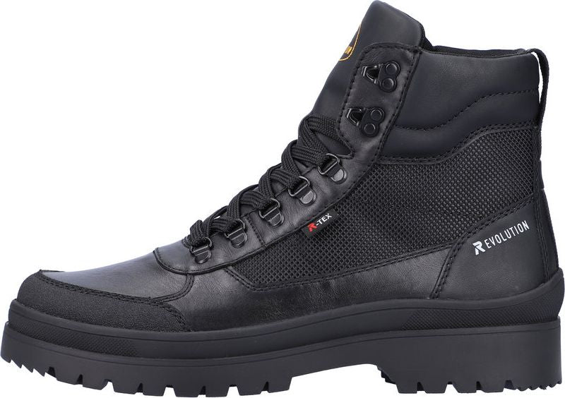 A high-top black leather boot with thick black soles, black laces, and black metal eyelets. The word 'REVOLUTION' is on the side near the ankle.