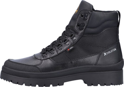 A high-top black leather boot with thick black soles, black laces, and black metal eyelets. The word 'REVOLUTION' is on the side near the ankle.