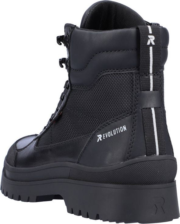 A black boot with laces, a thick treaded sole, and the word "REVOLUTION" and the letter "R" printed on the back.