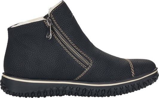Black ankle boot with side zipper and white accents on the sole and toe.