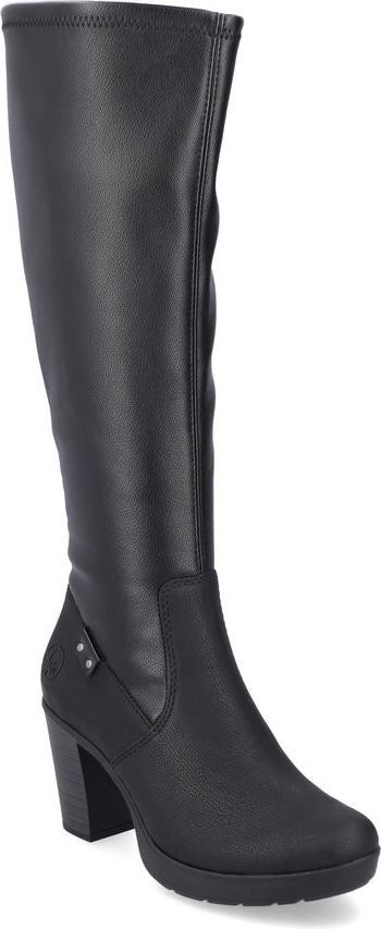 A black knee-high heeled boot.