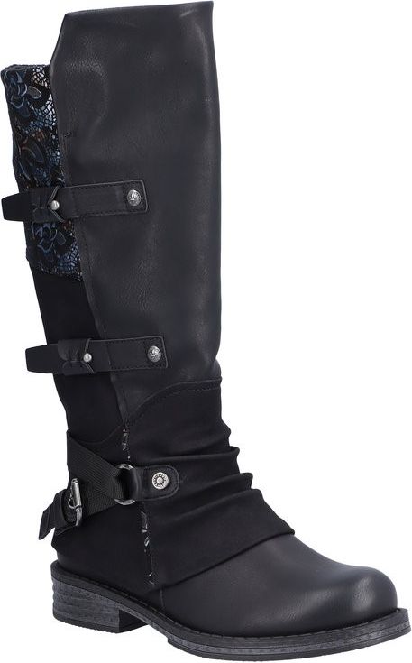 Knee-high black boot with three buckled straps.