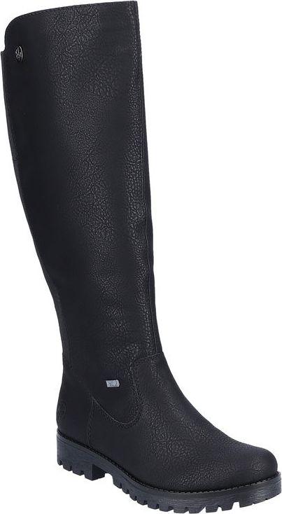 Knee-high black boot with textured surface and lug sole.