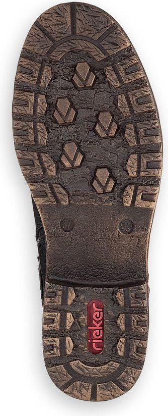 A brown lug-soled boot with the word "rieker" in a red logo near the heel.