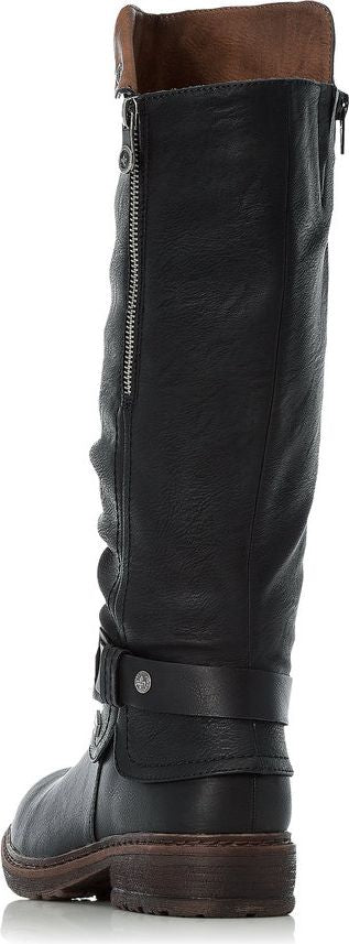 Knee-high black leather boot with zipper and strap.
