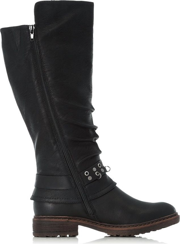 Knee-high black leather boot with zipper and decorative straps, mid-heel.