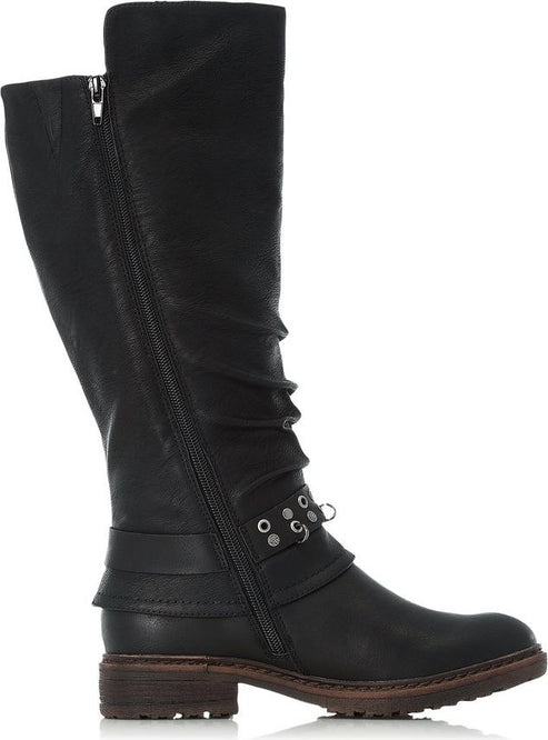 Knee-high black leather boot with zipper and decorative straps, mid-heel.