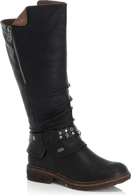 Black knee-high boot with zip and decorative belt.