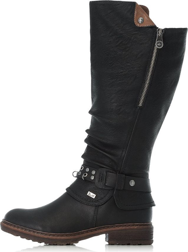 Black knee-high boot with a side zipper and decorative buckles.