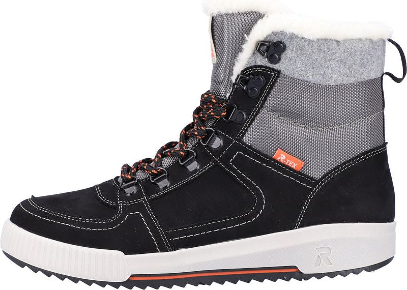 High top sneaker with black suede toe box, white sole and orange laces and stripe.