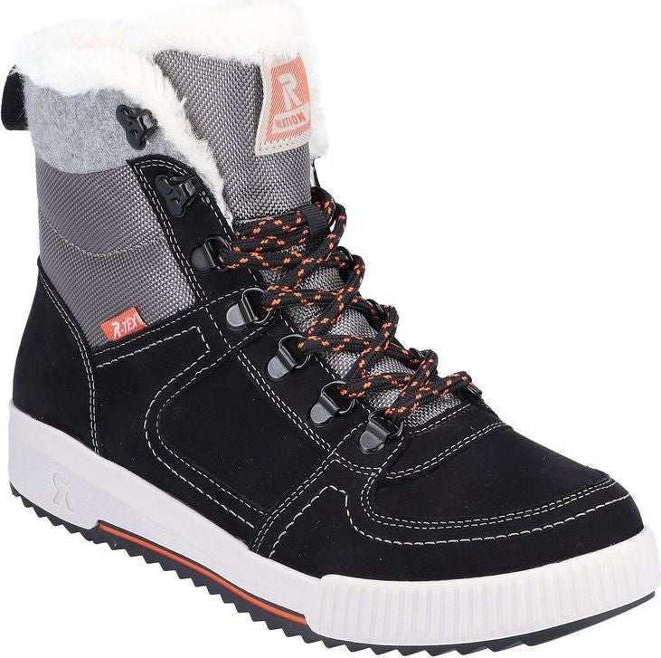 Black textile ankle boot with gray textile accents, orange and black laces, white faux fur trim and white sole.