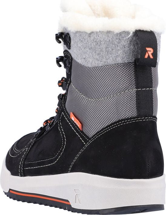 Black and grey boot with white sole and fur lining, lace-up with metal loops, pull tab on back.