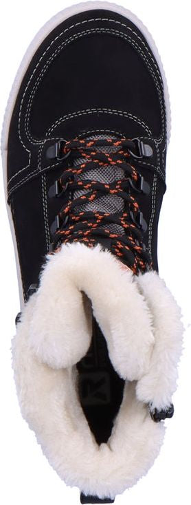 Black sneaker boot with white faux fur trim and orange laces.