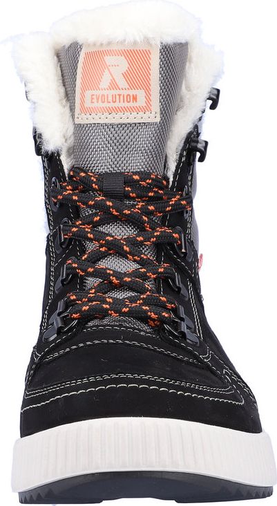 Black high-top winter boot with white faux fur trim and orange-flecked laces; the tongue features a label with 'EVOLUTION' and an 'R'.