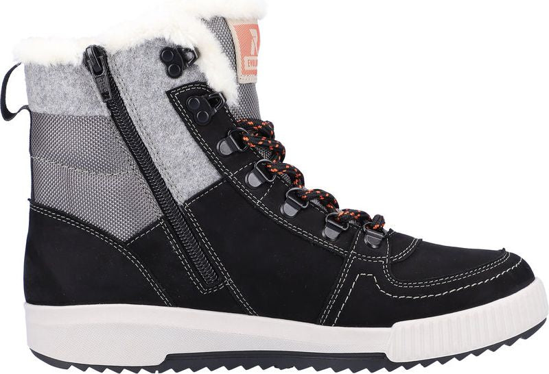 Black high-top sneaker boot with a white sole, side zipper, orange-patterned laces, gray felt shaft, and white faux fur trim.