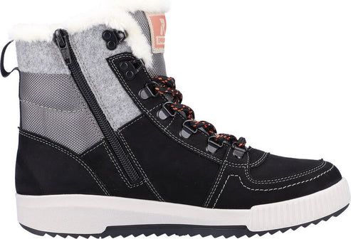 Black high-top sneaker boot with a white sole, side zipper, orange-patterned laces, gray felt shaft, and white faux fur trim.