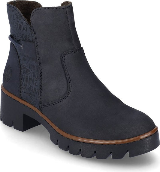 Black ankle boot with a block heel, brown trim, and elastic side panels with light gray text.
