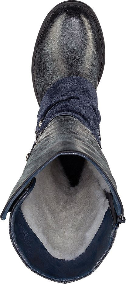 An overhead shot reveals the plush interior of a knee-high boot with a dark upper, featuring draped suede details.