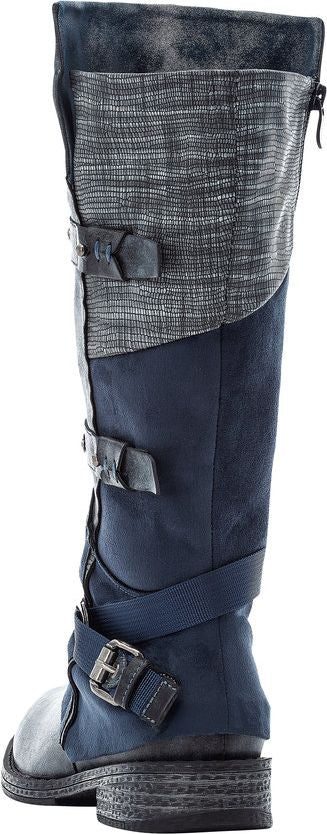 A knee-high boot with a gray and blue color scheme, featuring multiple straps and buckles.