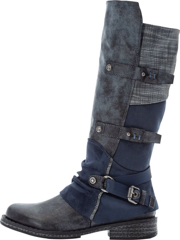 Knee-high boot in shades of gray and blue, with straps and buckles.